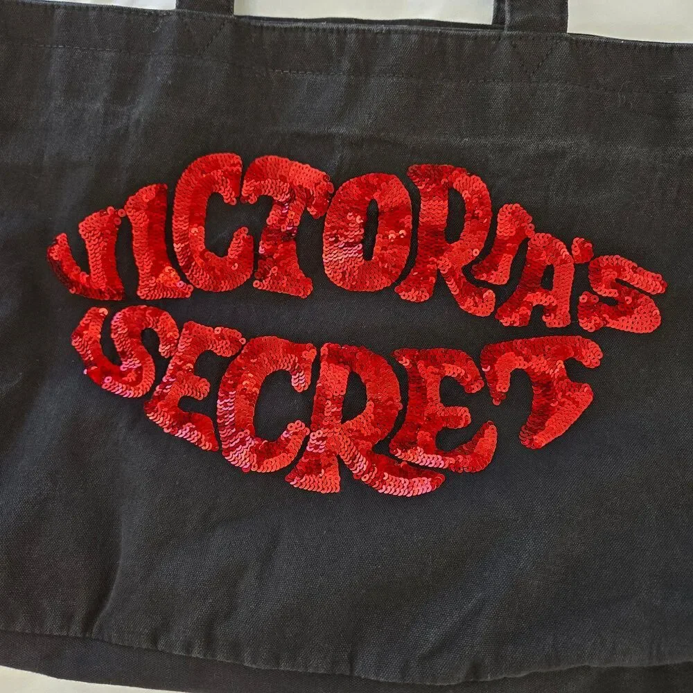 Victorias Secret Tote Bag 2000's Y2K Size XL Black Canvas Red Sequin Lip Design